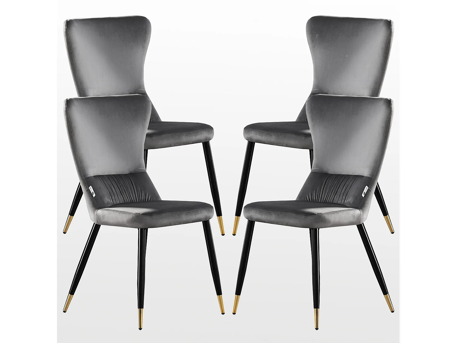 NEW YORK - Lot de 4 Chaises Rétro en Velours Gris clair - Pieds Coloris Noir & Doré