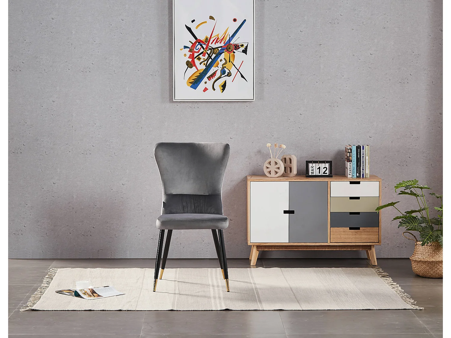 NEW YORK - Lot de 4 Chaises Rétro en Velours Gris clair - Pieds Coloris Noir & Doré