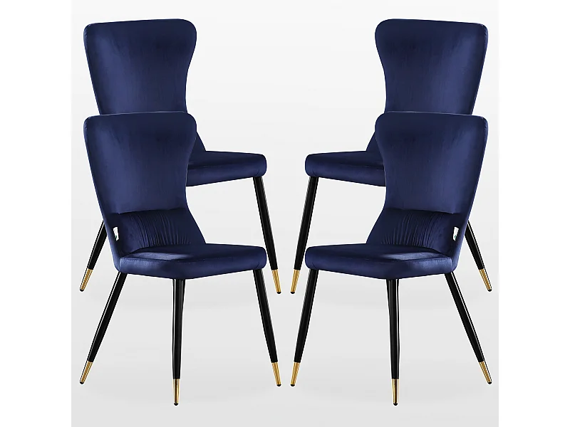 NEW YORK - Lot de 4 Chaises Rétro en Velours Bleu - Pieds Coloris Noir & Doré