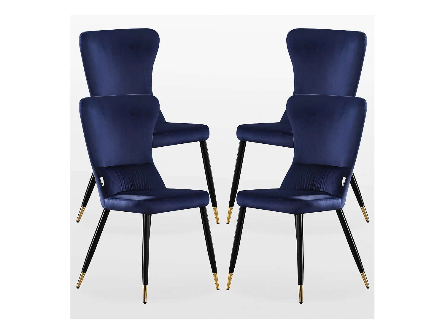 NEW YORK - Lot de 4 Chaises Rétro en Velours Bleu - Pieds Coloris Noir & Doré