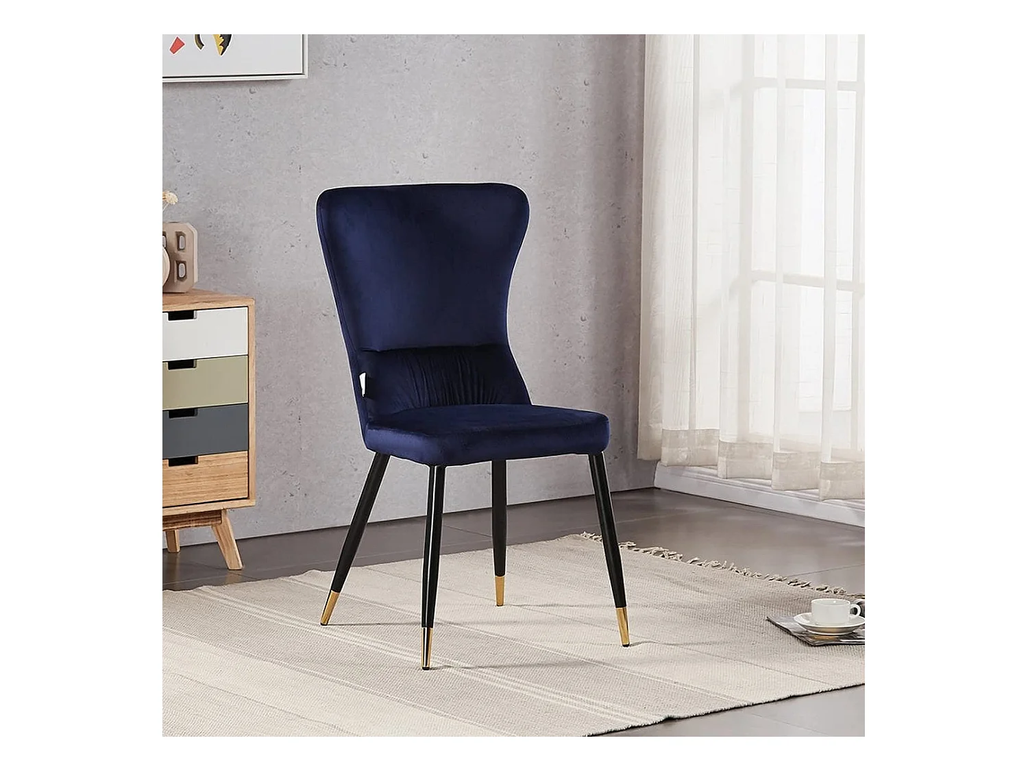 NEW YORK - Lot de 4 Chaises Rétro en Velours Bleu - Pieds Coloris Noir & Doré