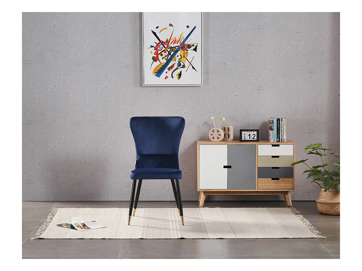 NEW YORK - Lot de 4 Chaises Rétro en Velours Bleu - Pieds Coloris Noir & Doré