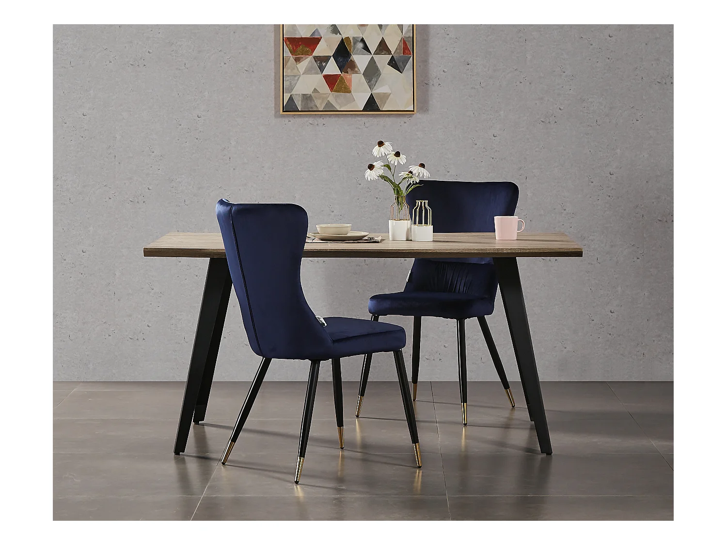 NEW YORK - Lot de 4 Chaises Rétro en Velours Bleu - Pieds Coloris Noir & Doré