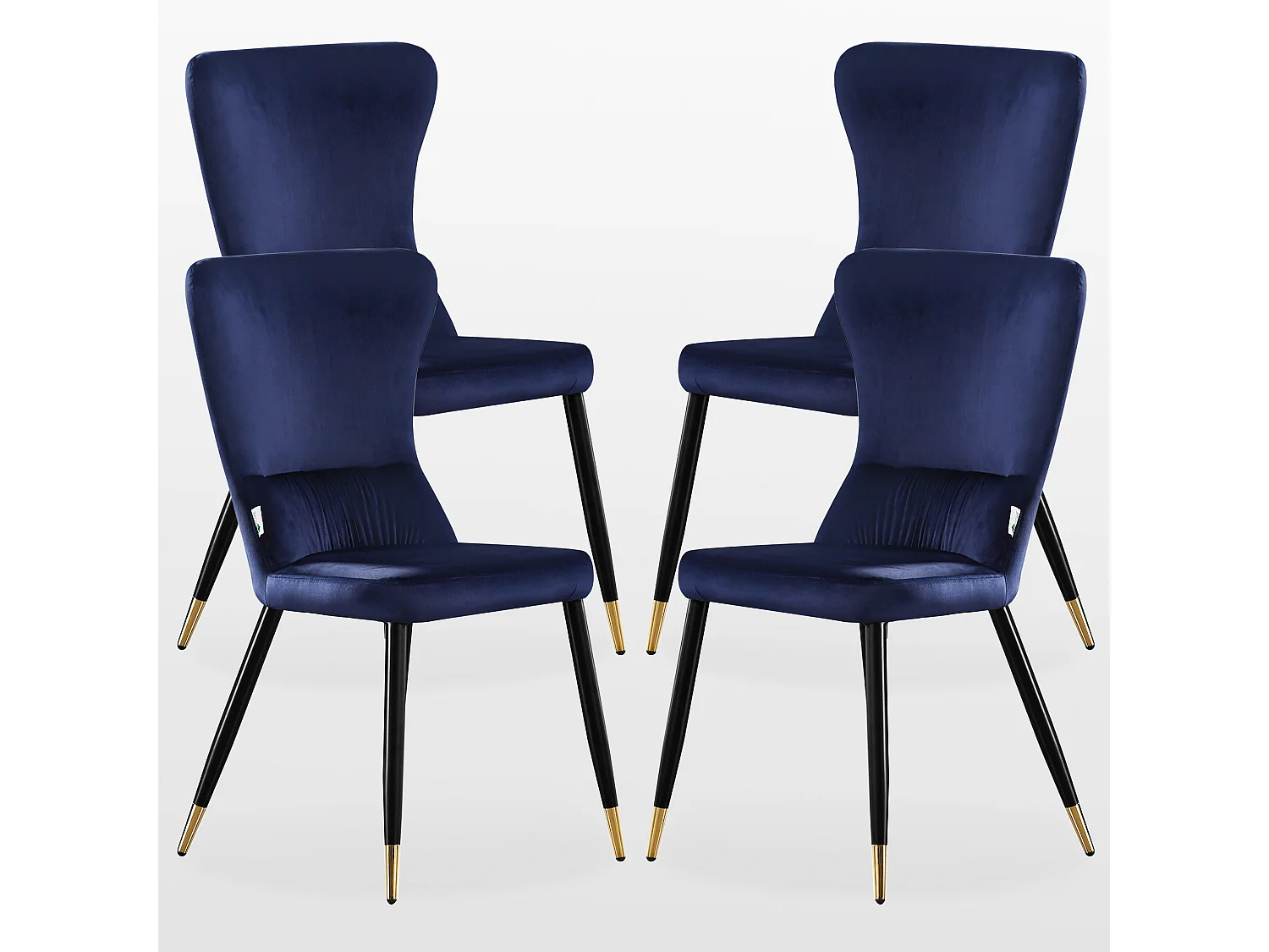 NEW YORK - Lot de 4 Chaises Rétro en Velours Bleu - Pieds Coloris Noir & Doré