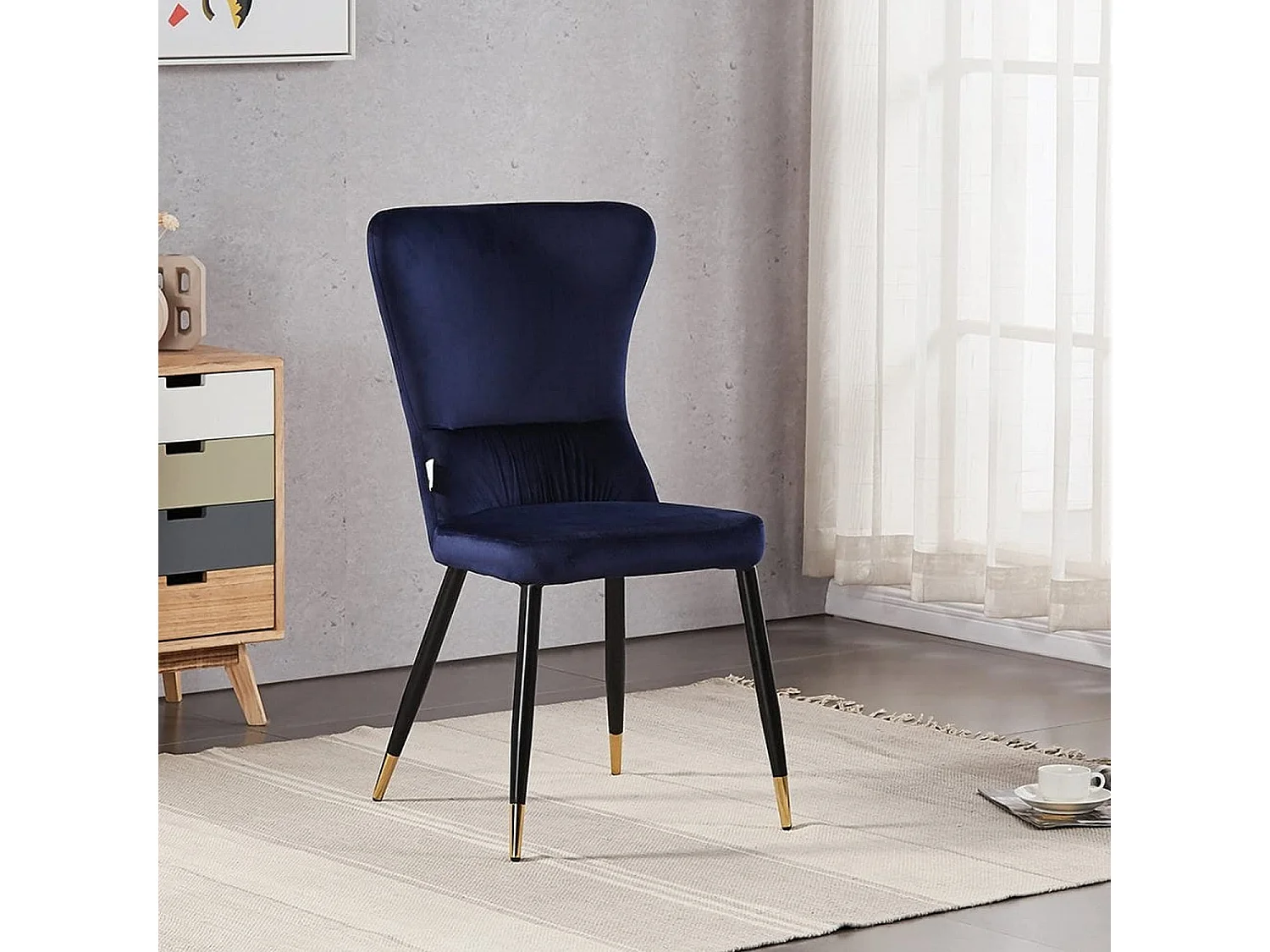 NEW YORK - Lot de 4 Chaises Rétro en Velours Bleu - Pieds Coloris Noir & Doré