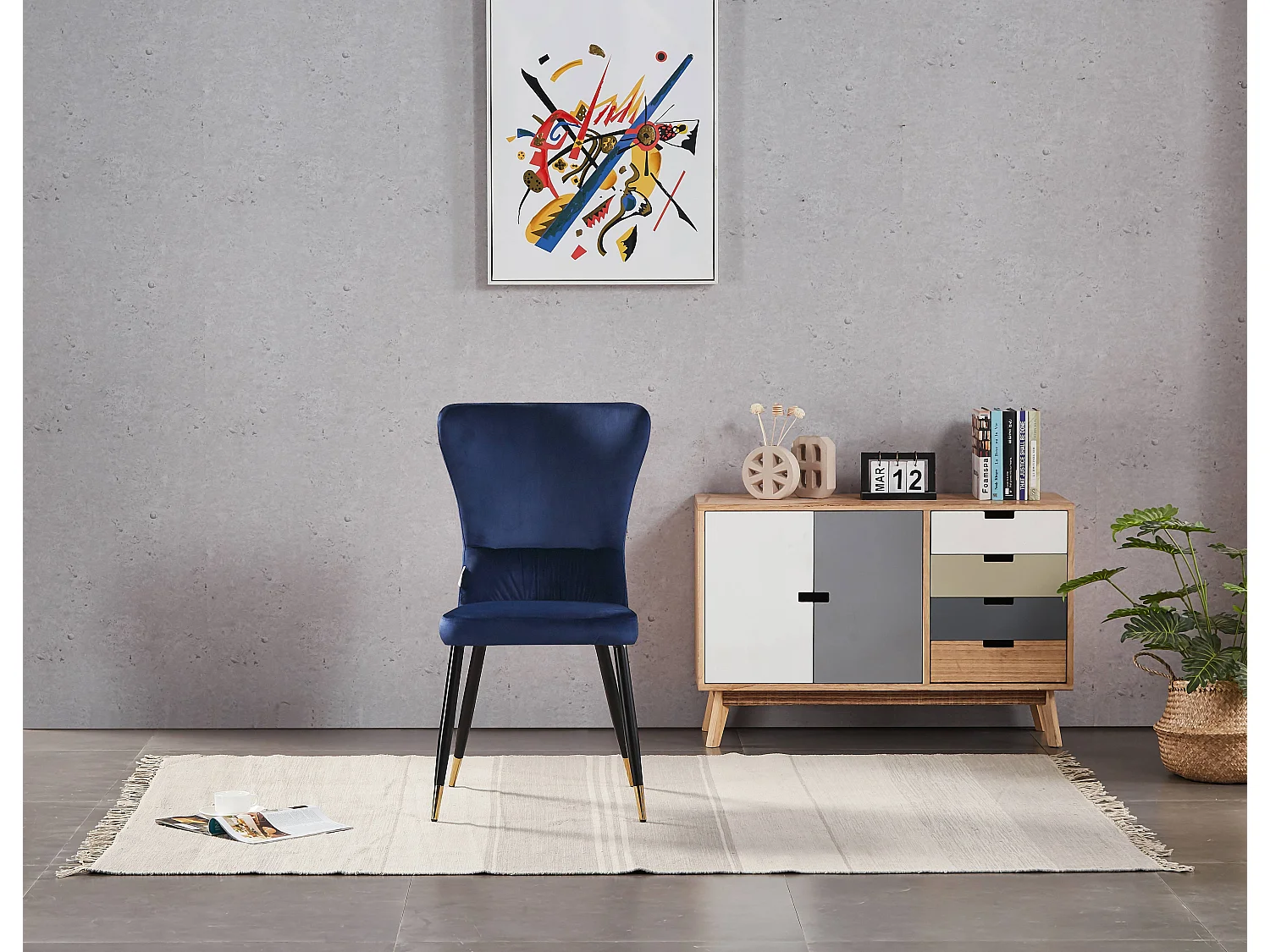 NEW YORK - Lot de 4 Chaises Rétro en Velours Bleu - Pieds Coloris Noir & Doré