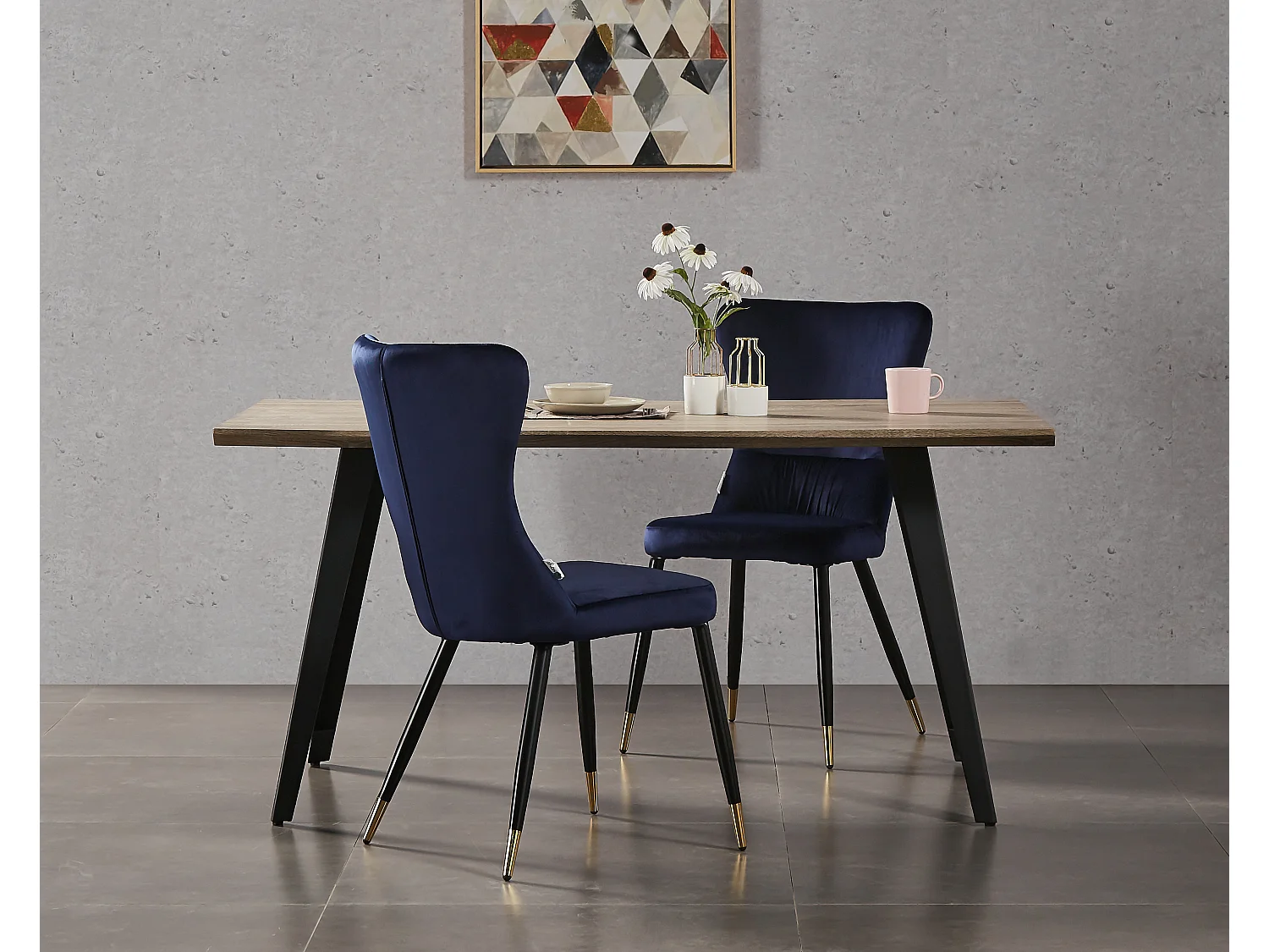 NEW YORK - Lot de 4 Chaises Rétro en Velours Bleu - Pieds Coloris Noir & Doré