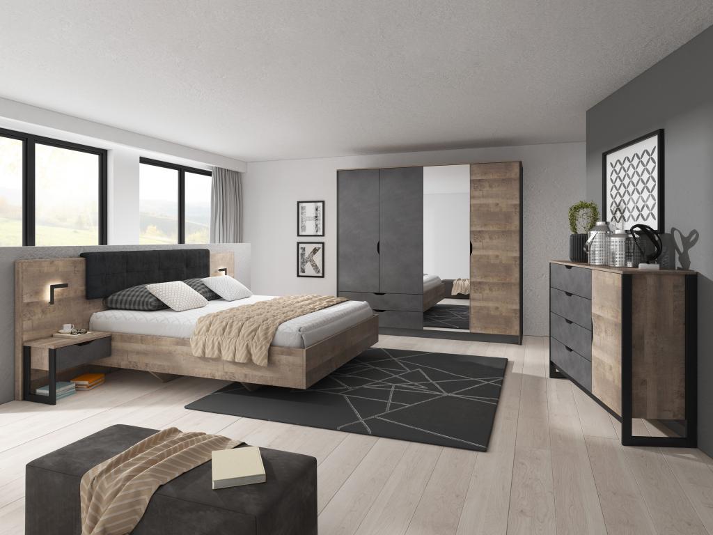 Armoire 4 portes et 2 tiroirs - Avec miroir - L220 cm - Coloris : Naturel et anthracite - LAONILE