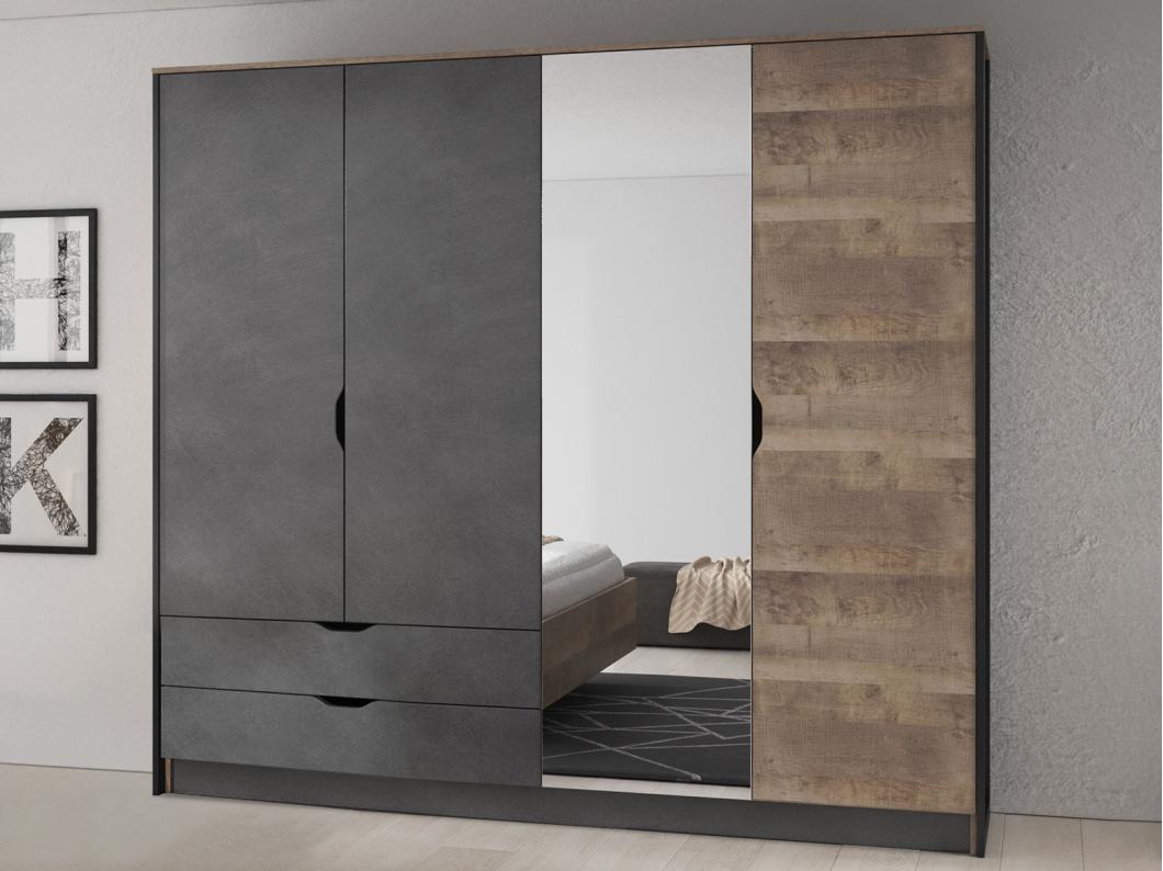 Guarda-roupa 4 portas e 2 gavetas com espelho C220 cm cor natural e antracite - LAONILE