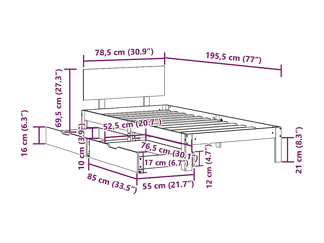 Letto per adulti | Letto singolo | Giroletto con Cassetti 75x190 cm in Legno Massello di Pino