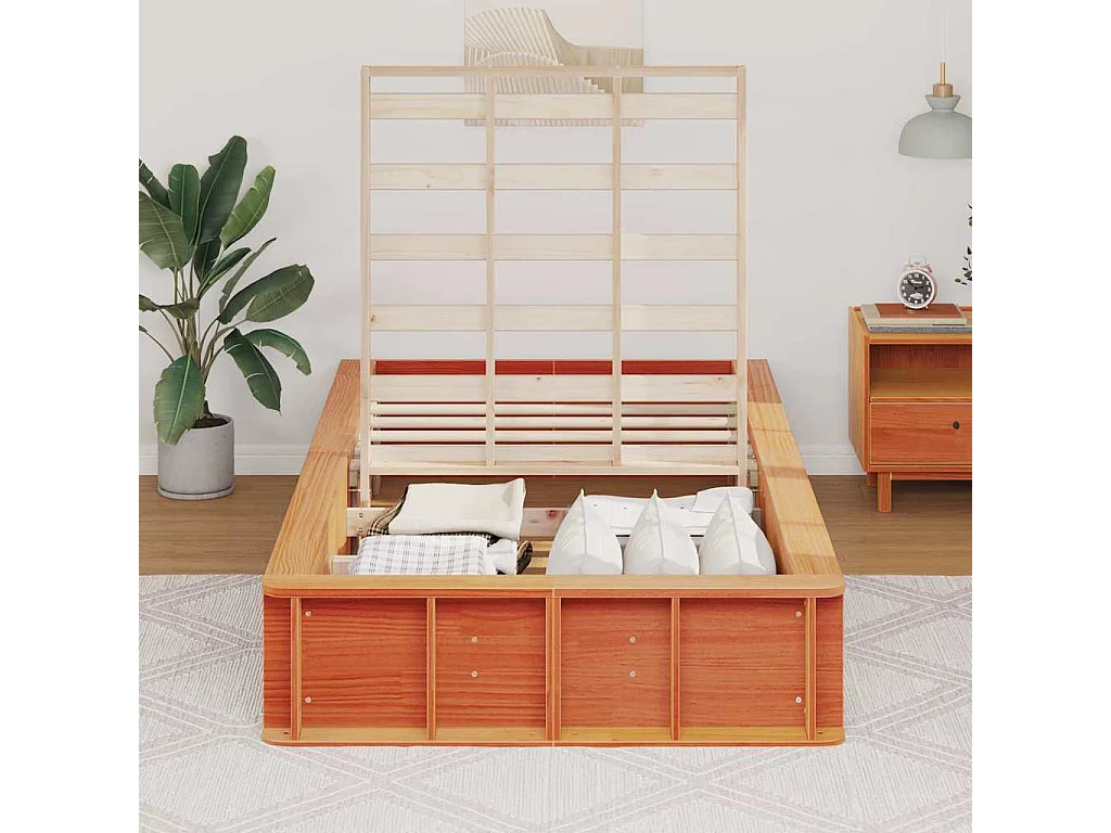 Lit simple | Lit adulte, enfant | Cadre de lit avec stockage Marron cire 90x190 cm Bois massif