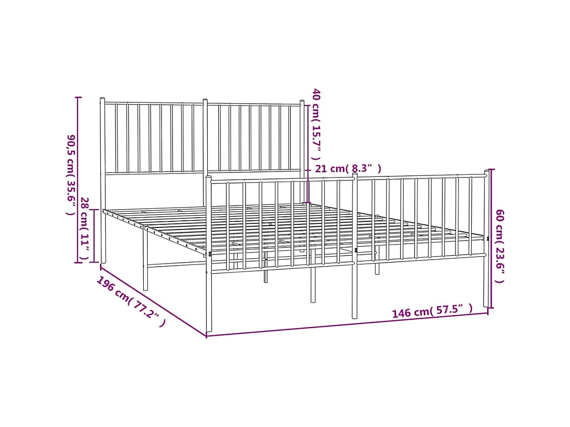 Lit double | Lit adulte | Cadre de lit métal et pied de lit blanc 140x190 cm