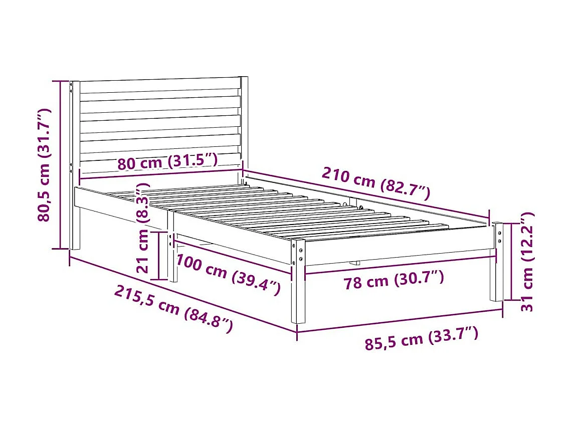 Lit simple | Lit adulte, enfant | Cadre de lit Blanc 80x210 cm Bois massif en pin