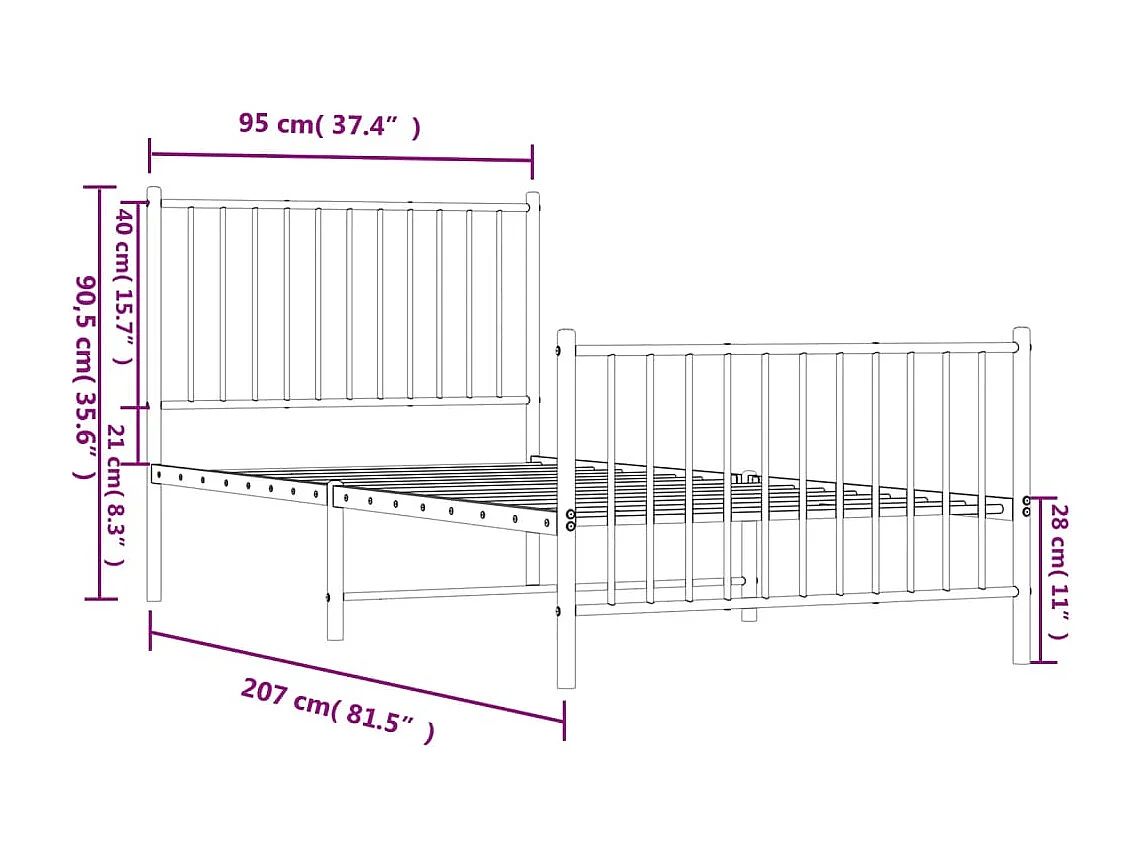 Lit simple | Lit adulte, enfant | Cadre de lit métal avec pied de lit blanc 90x200cm