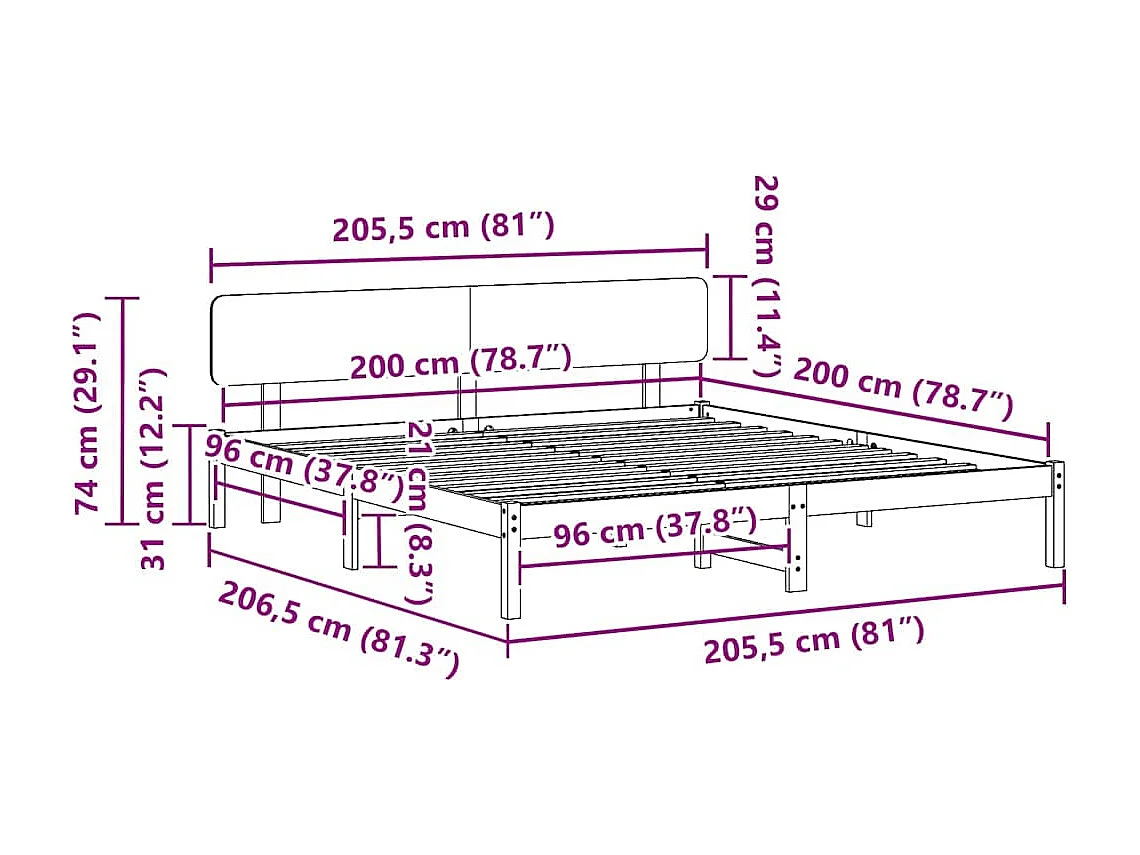 Lit double | Lit adulte | Cadre de lit Naturel 200x200 cm Bois massif en pin