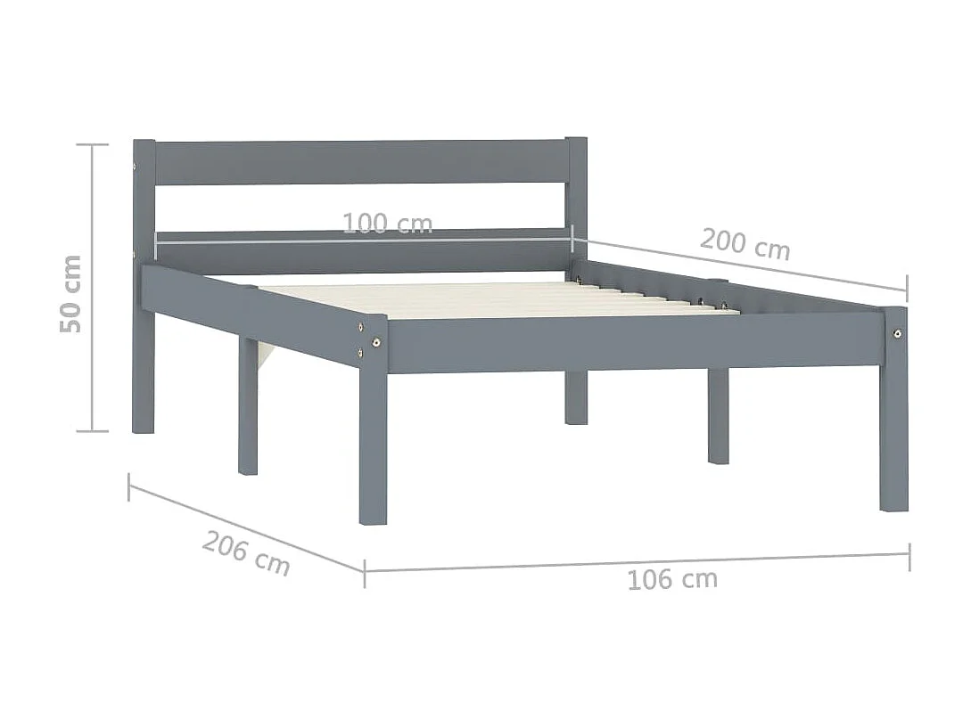 Lit simple | Lit adulte, enfant | Cadre de lit gris bois massif de pin 100x200 cm