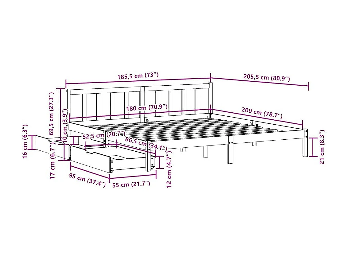 Lit double | Lit adulte | Cadre de lit blanc 180x200 cm bois massif de pin