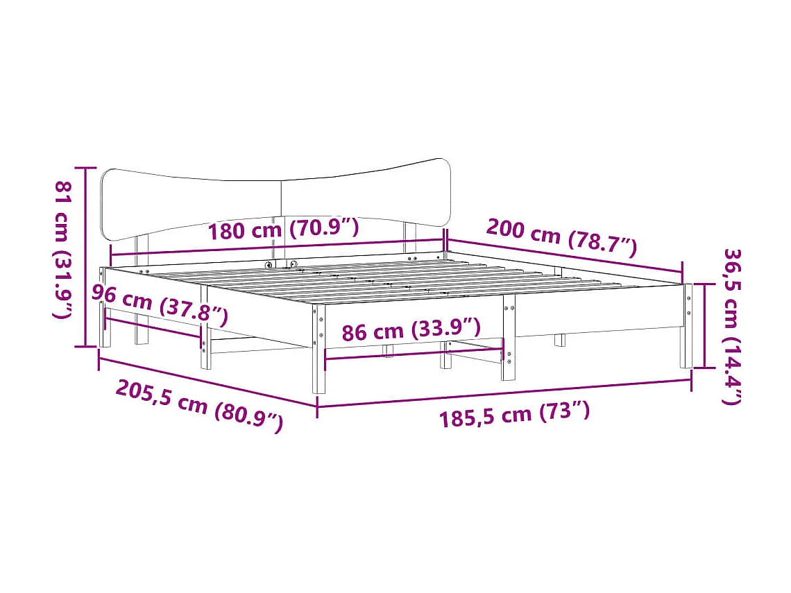 Lit double | Lit adulte | Cadre de lit blanc 180x200 cm bois massif de pin