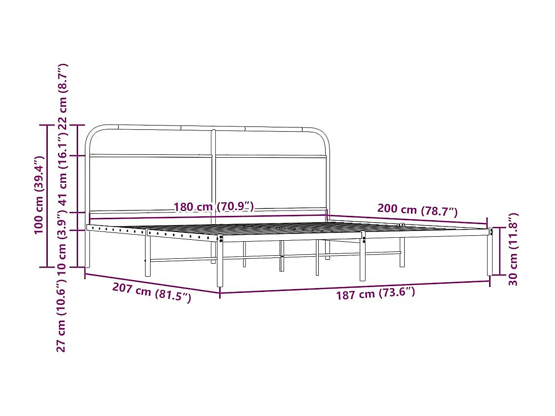 Letto per adulti | Letto matrimoniale | Giroletto senza Materaso in Metallo Rovere Fumo 180x200 cm