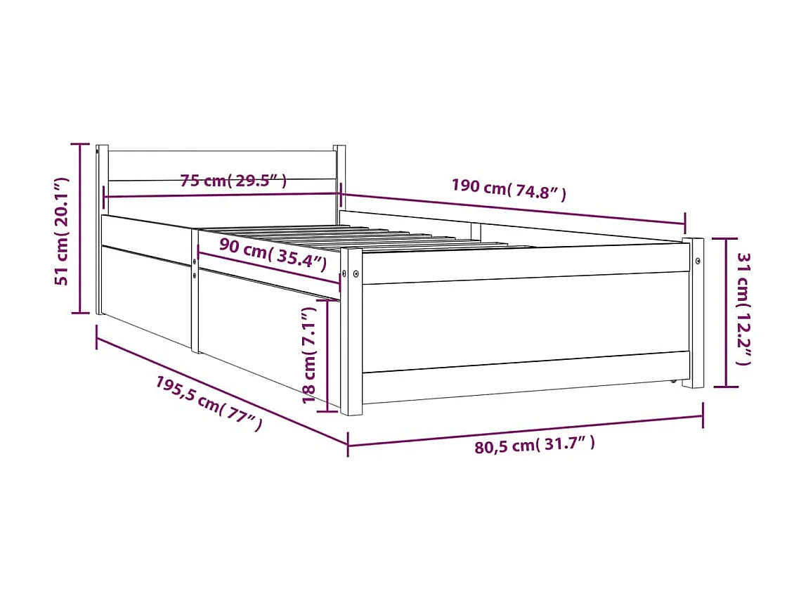 Lit simple | Lit adulte, enfant | Cadre de lit avec tiroirs 75x190 cm