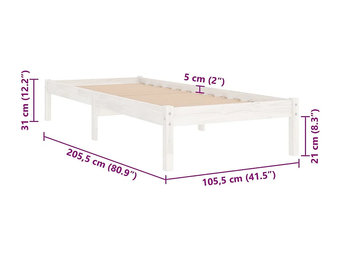 Lit simple | Lit adulte, enfant | Cadre de lit blanc bois massif 100x200 cm