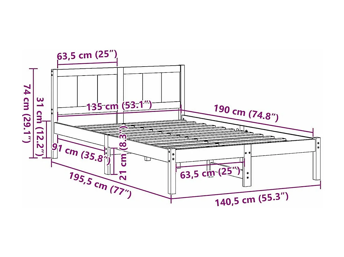 Lit double | Lit adulte | Cadre de lit Marron 135x190 cm Bois de pin massif