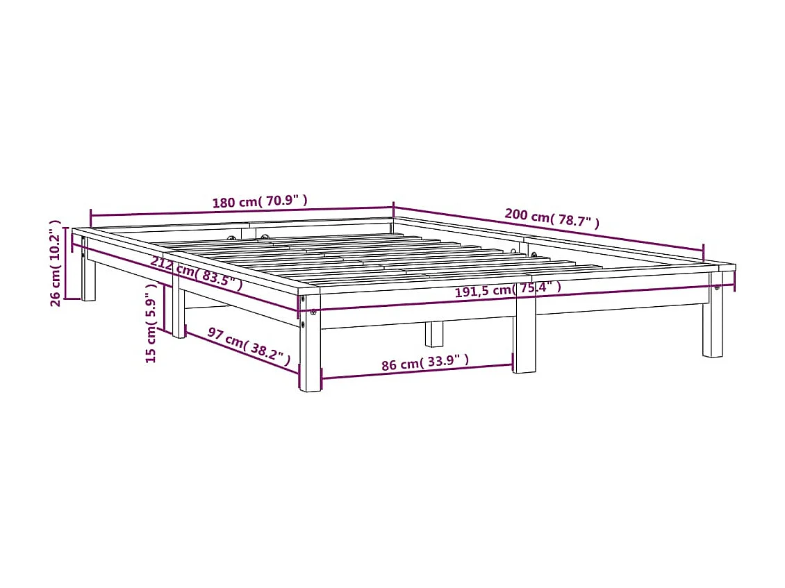 Lit double | Lit adulte | Cadre de lit blanc bois massif 180x200 cm