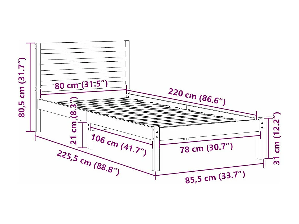Lit simple | Lit adulte, enfant | Cadre de lit Marron 80x220 cm Bois massif en pin