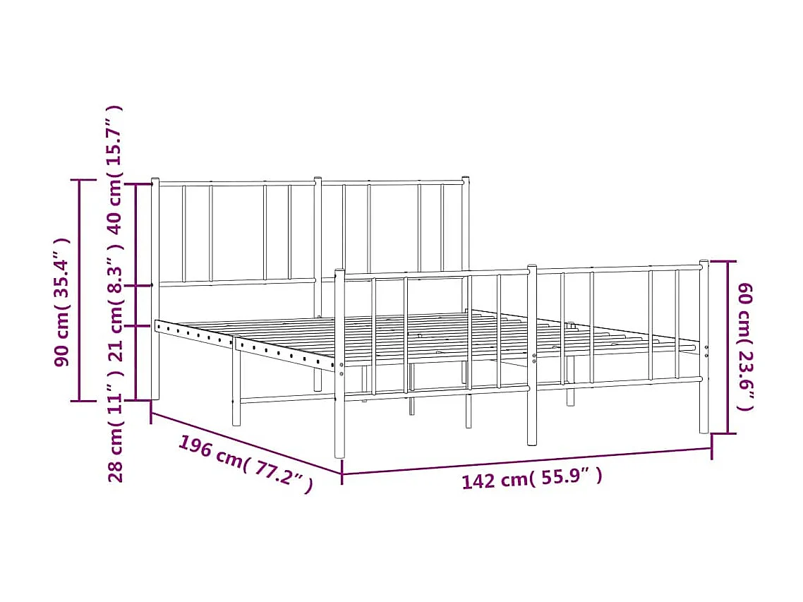 Lit double | Lit adulte | Cadre de lit métal avec pied de lit noir 135x190cm