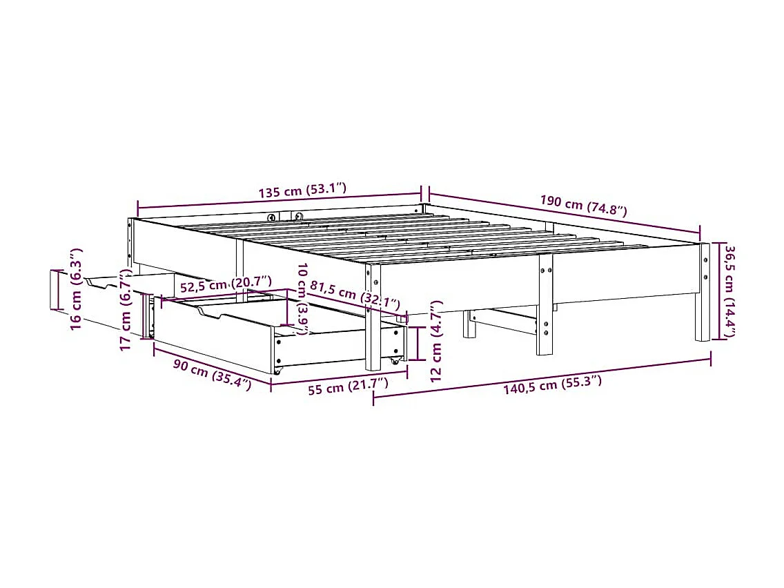 Lit double | Lit adulte | Cadre de lit blanc 135x190 cm bois de pin massif