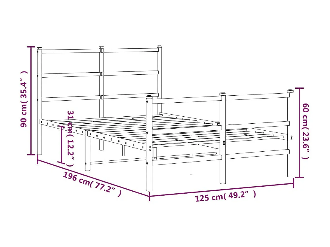 Lit simple | Lit adulte, enfant | Cadre de lit métal et pied de lit blanc 120x190 cm