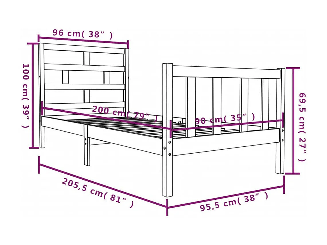 Lit simple | Lit adulte, enfant | Cadre de lit bois massif 90x200 cm