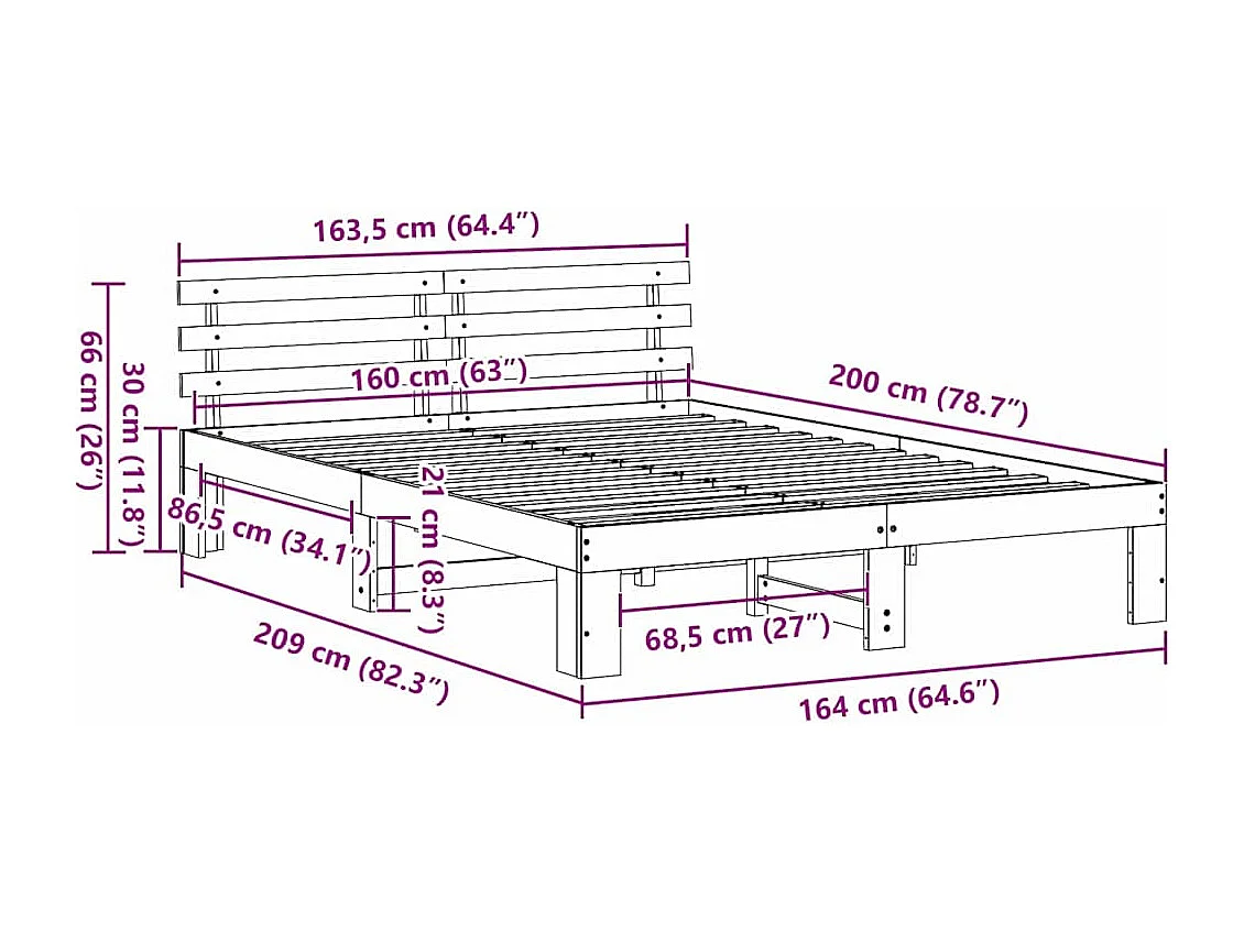 Lit double | Lit adulte | Cadre de lit Blanc 160x200 cm Bois de pin massif