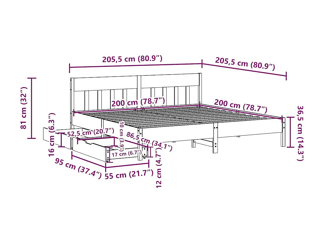 Lit double | Lit adulte | Cadre de lit 200x200 cm bois massif de pin