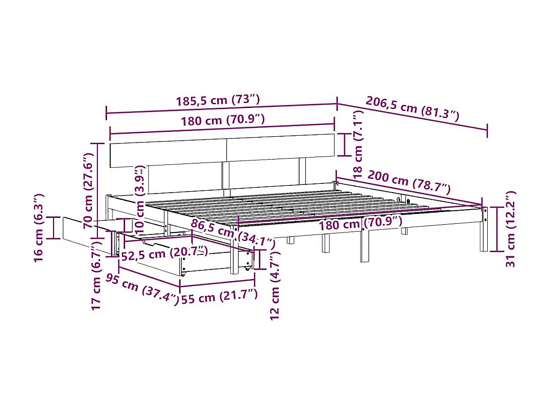 Lit double | Lit adulte | Cadre de lit blanc 180x200 cm bois massif de pin
