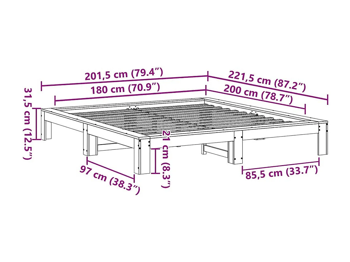 Lit double | Lit adulte | Cadre de lit blanc 180x200 cm bois massif de pin