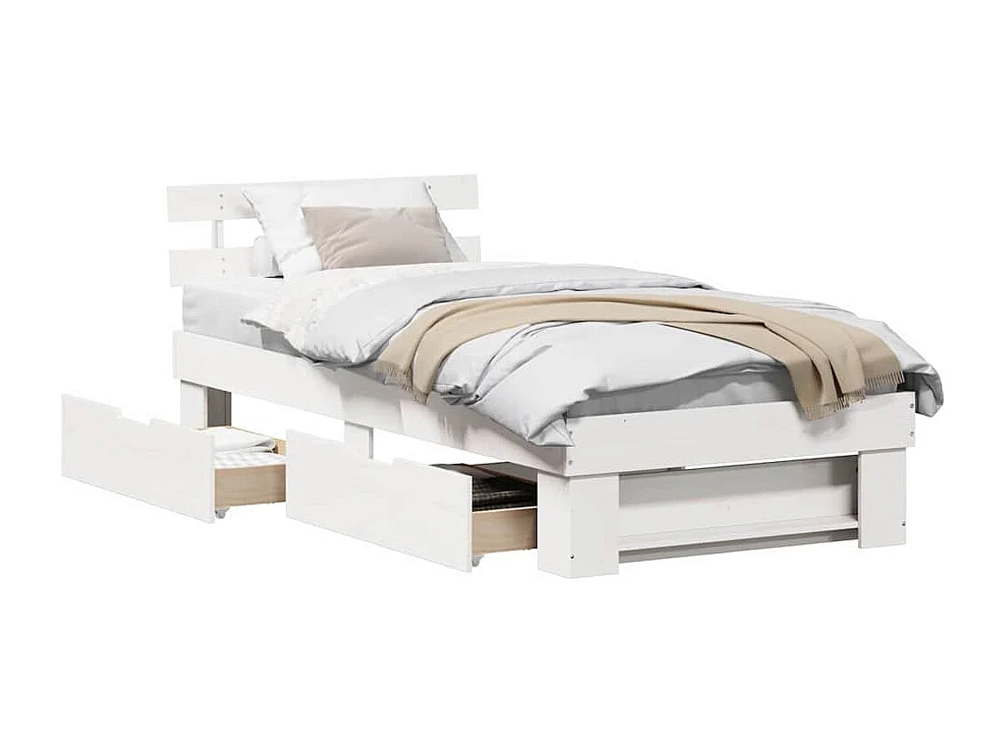 Lit simple | Lit adulte, enfant | Cadre de lit avec tiroir Blanc 75x190 cm Bois massif en pin