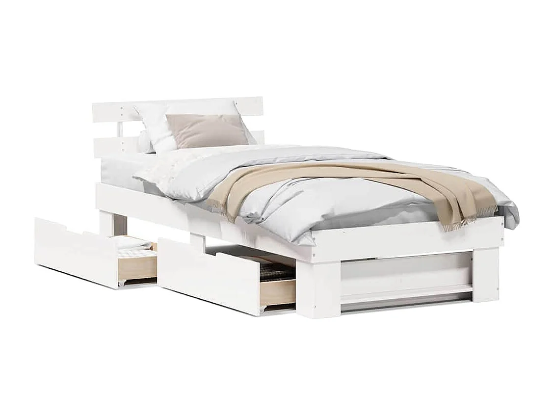 Lit simple | Lit adulte, enfant | Cadre de lit avec tiroir Blanc 75x190 cm Bois massif en pin