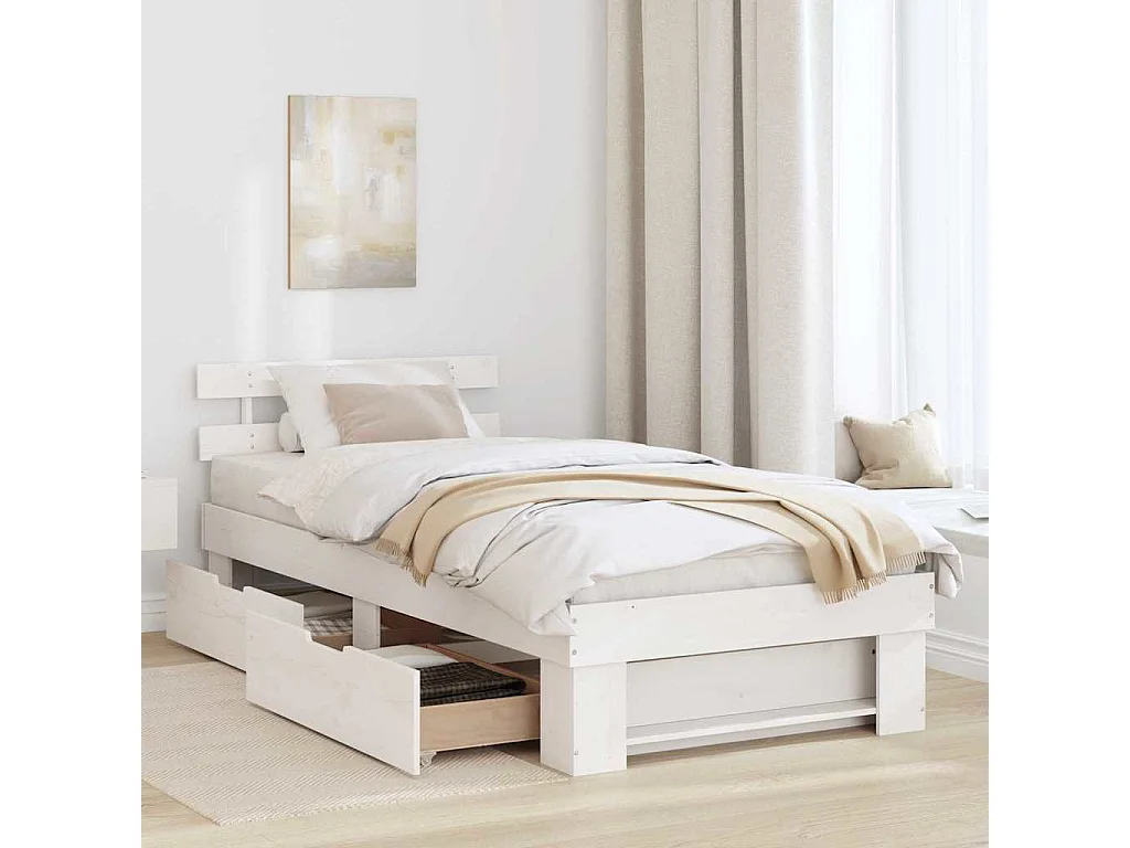 Lit simple | Lit adulte, enfant | Cadre de lit avec tiroir Blanc 75x190 cm Bois massif en pin