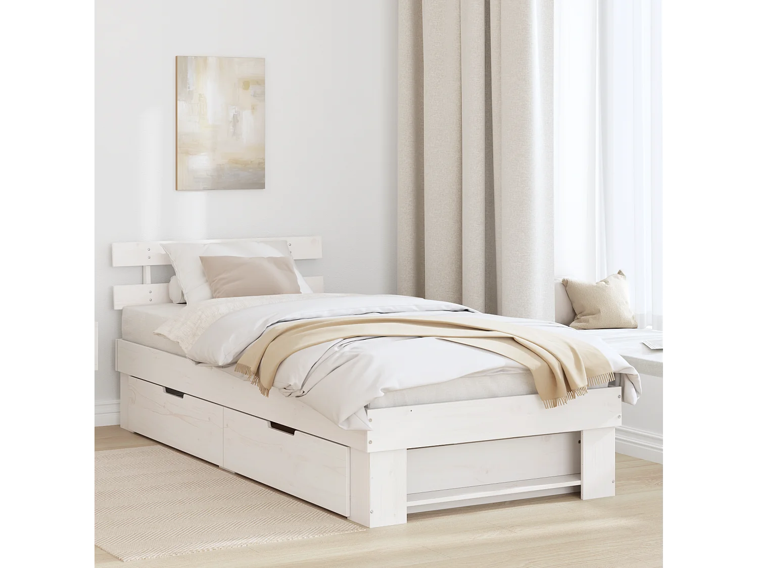 Lit simple | Lit adulte, enfant | Cadre de lit avec tiroir Blanc 75x190 cm Bois massif en pin
