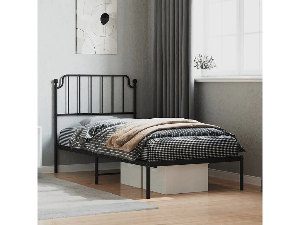 Lit simple | Lit adulte, enfant | Cadre de lit métal avec tête de lit noir 90x200 cm