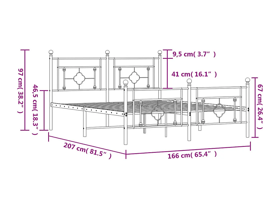 Lit double | Lit adulte | Cadre de lit métal et pied de lit blanc 160x200 cm