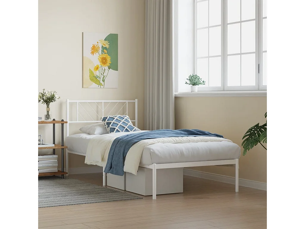 Lit simple | Lit adulte, enfant | Cadre de lit métal avec tête de lit blanc 90x190cm