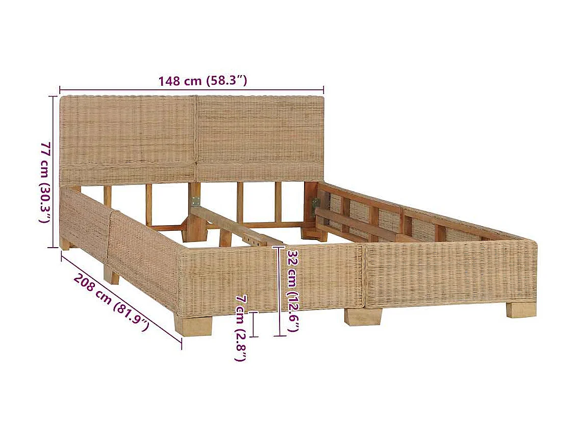 Lit double | Lit adulte | Cadre de lit avec tête de lit rotin véritable 140x200 cm