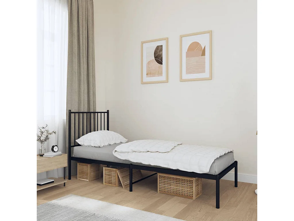 Lit simple | Lit adulte, enfant | Cadre de lit métal avec tête de lit noir 75x190 cm