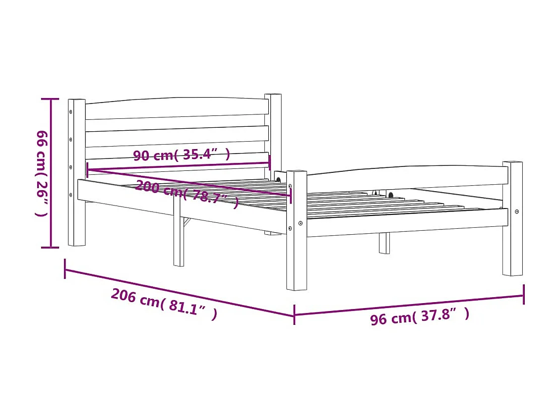 Lit simple | Lit adulte, enfant | Cadre de lit blanc bois de pin massif 90x200 cm