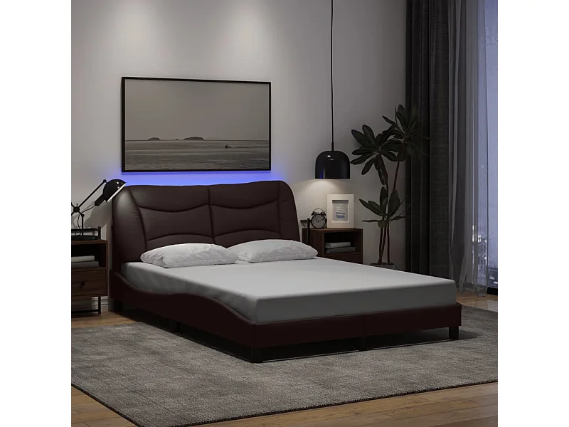 Lit double | Lit adulte | Cadre de lit avec LED marron foncé 140x200cm tissu