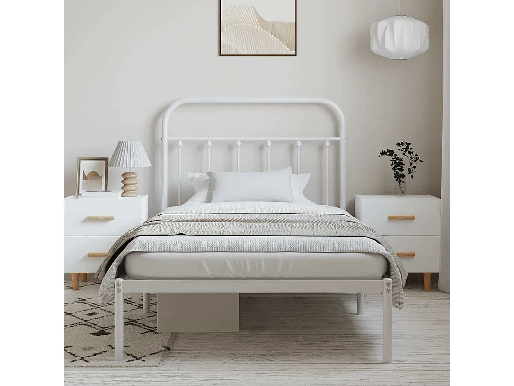 Lit simple | Lit adulte, enfant | Cadre de lit métal et tête de lit blanc 100x200 cm