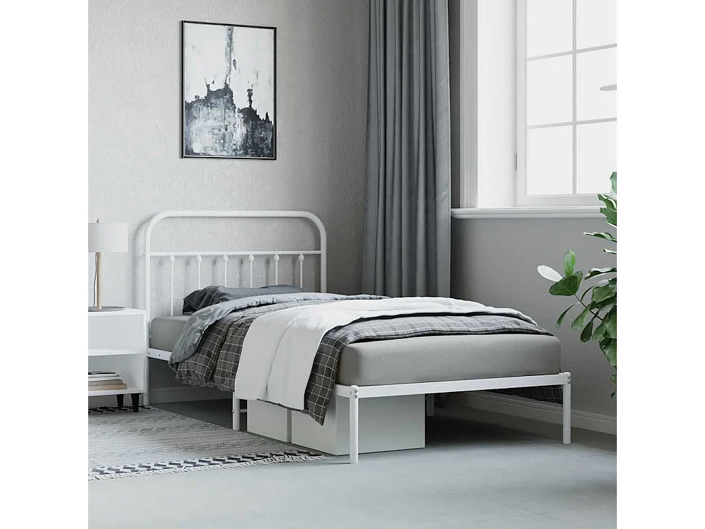 Lit simple | Lit adulte, enfant | Cadre de lit métal et tête de lit blanc 100x200 cm