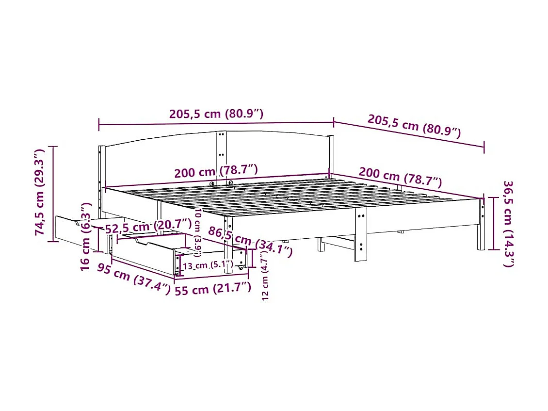 Letto per adulti | Letto matrimoniale | Giroletto senza Materasso Bianco 200x200 cm Legno Massello Pino
